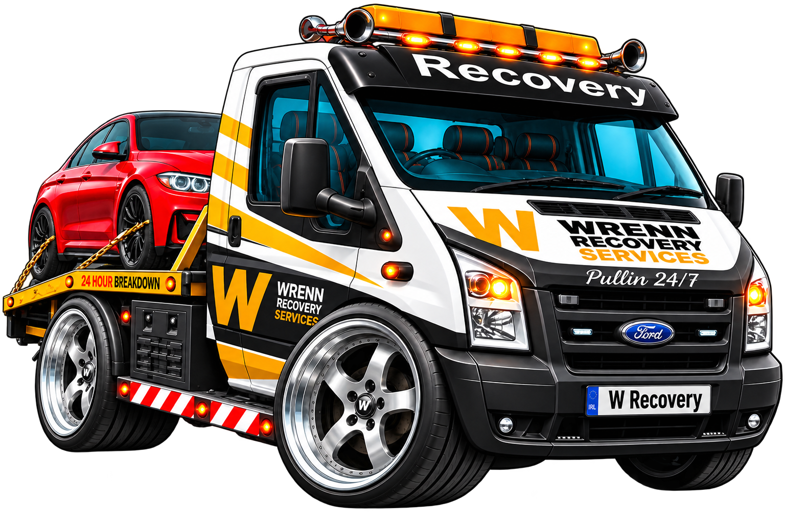 Car loaded on Wrenn recovery truck